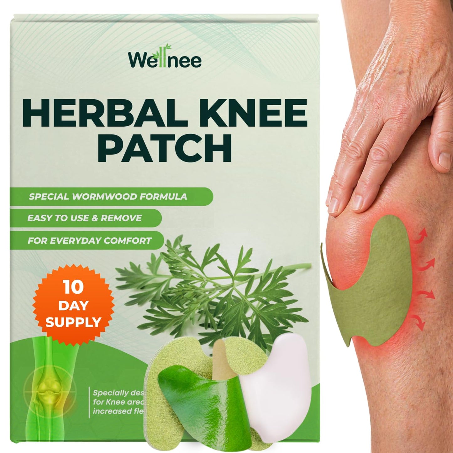 Wellnee Original Herbal Knee Patch - Wellknee Plaster for Knee Support & Muscle Pain - Maximum Strength for a Temporary Relief - Adhesive Heat Patches Made with Natural Herbs for Wellness (10 Pads (Pack of 1))
