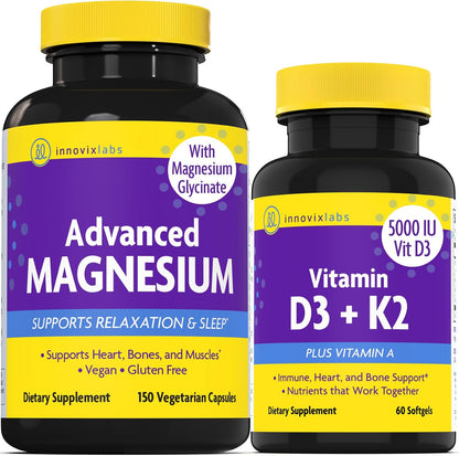 Magnesium & D3 Bundle: InnovixLabs Advanced Magnesium (150 Time-Release Capsules) and InnovixLabs Vitamin D3 +K2 Supplement (60 Softgels). Optimal Calcium Absorption, Supports Bone and Immune Health.*