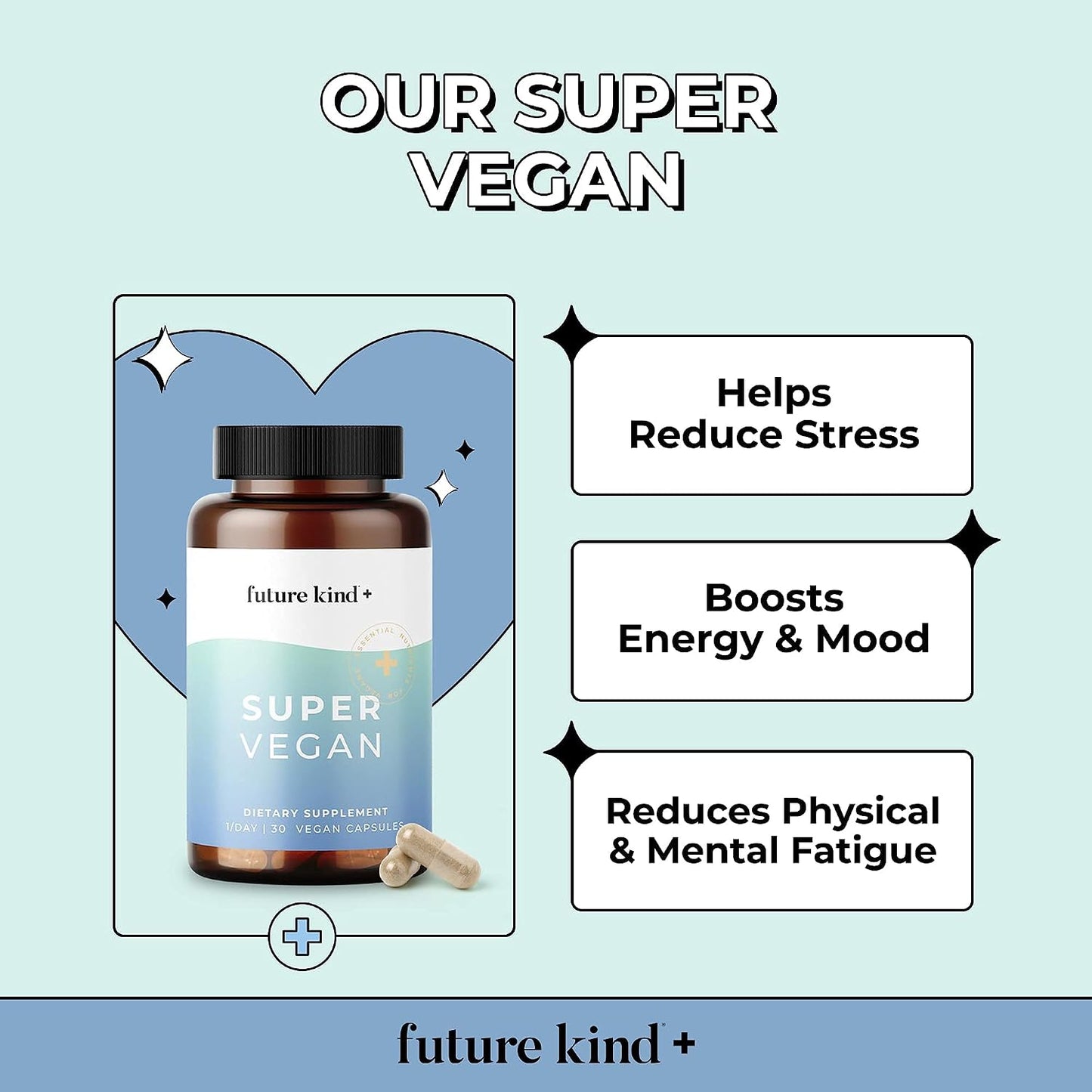 Future Kind - Super Vegan Formula with Lemon Balm, Ashwagandha Root Extract and Rhodiola Extract for Natural Mood Boost, Energy and Stress Support, 30 Capsules