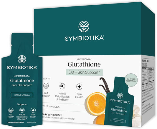 CYMBIOTIKA Liposomal Glutathione – PQQ, CoQ10, Detox & Skin Support | With PQQ, CoQ10 & vitamin B2. Sunflower liposomal delivery. Vegan, non-GMO, third-party tested. Citrus Vanilla, 26 packets.