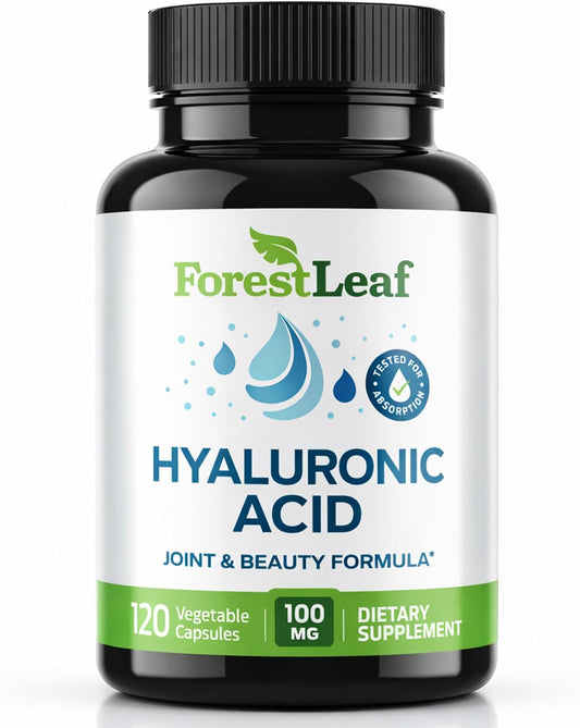 ForestLeaf Hyaluronic Acid Supplements | 100mg High Bioavailable Dietary Hyaluronic Acid Powder Capsules + 50mg VIT C | Supports Skin Hydration, Joint Lubrication, Anti-Aging, Hair & Nails | 120 Caps