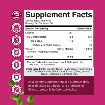 Natures Craft Vitamin E Gummies for Skin Care - High-Potency Vitamin E 400 IU Skin Supplement - Delicious & Easy-to-Take Supplement Promote Health Immune Support & Cellular Protection 90 Count