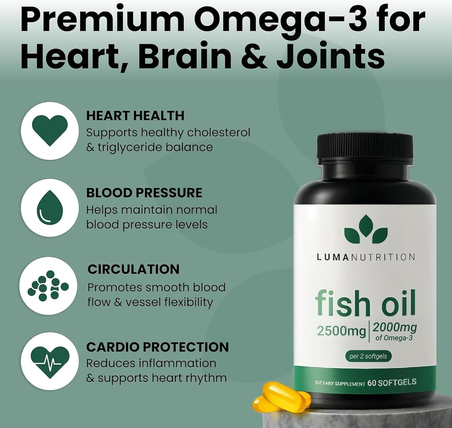 Luma Nutrition Omega 3 Fish Oil Supplement 2500mg - 60 Softgels