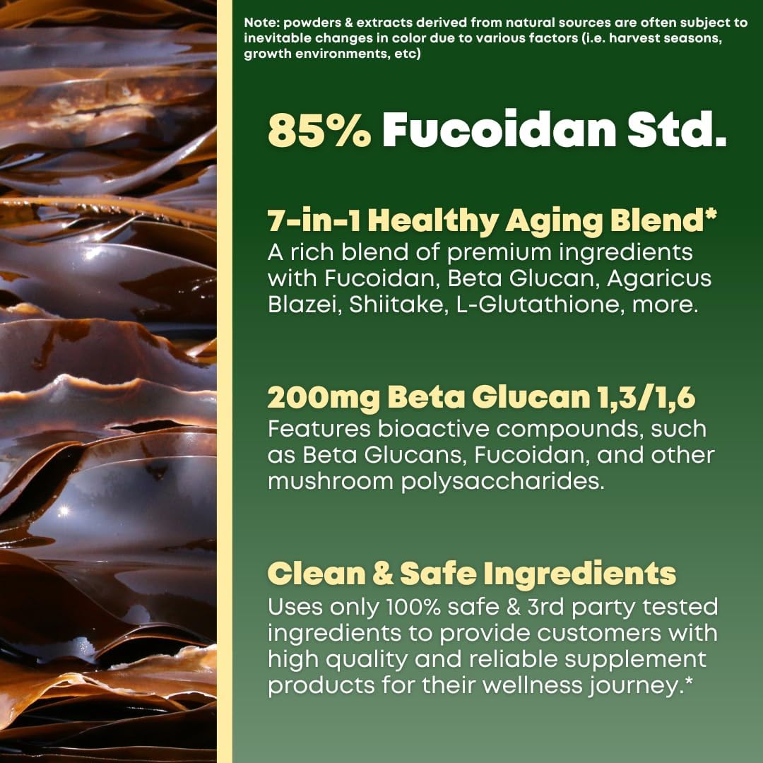 Beta Glucan & Fucoidan Brown Seaweed Extract - L Glutathione, Shiitake, Agaricus Blazei Mushroom, Vitamin C - Immune, Cellular, Healthy Aging Support - 90 Capsules, Non GMO, Gluten Free Supplement