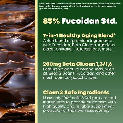 Beta Glucan & Fucoidan Brown Seaweed Extract - L Glutathione, Shiitake, Agaricus Blazei Mushroom, Vitamin C - Immune, Cellular, Healthy Aging Support - 90 Capsules, Non GMO, Gluten Free Supplement
