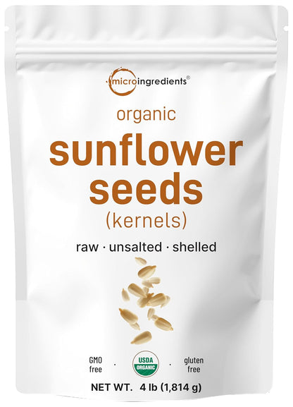 Organic Sunflower Seeds, 4lbs | Raw, Unsalted, & Shelled – Whole Kernels | Low Carb Snack | Great for Baking, Smoothies, & Salad Toppings | Non-GMO, Vegan, Plant Based