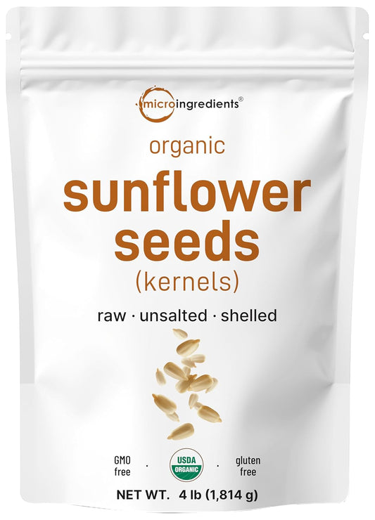 Organic Sunflower Seeds, 4lbs | Raw, Unsalted, & Shelled – Whole Kernels | Low Carb Snack | Great for Baking, Smoothies, & Salad Toppings | Non-GMO, Vegan, Plant Based