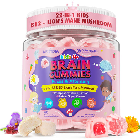 Kids Brain Gummies, Focus Supplement w/Lions Mane Mushroom, Phosphatidylserine, B6, Methyl B12 & B9, Saffron, Brain Vitamins for Focus & Attention, Cognitive, Vision, Energy, Sugar Free, Vegan, 60 Ct