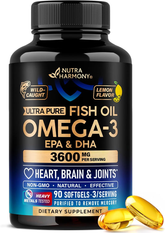 Omega 3 Fish Oil 3600 mg - Omega 3 Supplement | EPA & DHA - Heavy Metals Tested - Heart, Brain & Joint Support - Purified Fish Oil for Men & Women - Lab Tested - Lemon Flavored - 90 Softgels