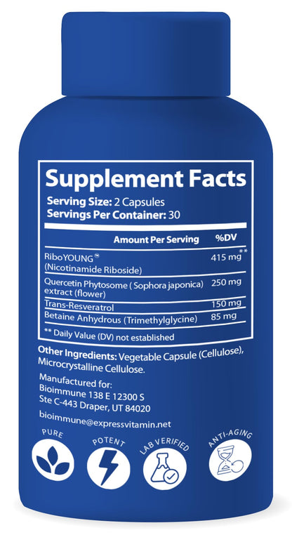 BioImmune NAD+ Supplement. Exclusive Formula w/Patent Pending RiboYOUNG™. Nicotinamide Riboside, Quercetin, Resveratrol, Betaine NRF2 Activator. Youthful Aging True NAD Supplement
