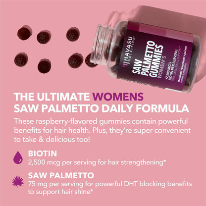 Saw Palmetto Gummies for Women, Raspberry, 60ct, 2500mcg Biotin | DHT Blocker & Hair, Skin, Nail Health Gummies, Supports Stronger-Looking Hair, Raspberry Flavor, 1 Month Supply