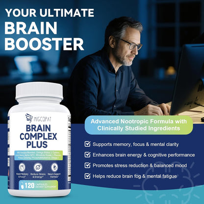 Brain Supplements for Memory & Focus - Nootropic with Bacopa Monnieri, Lion's Mane, Alpha GPC, Phosphatidylserine | Supports Mental Clarity & Cognitive Function | Vitamin B6 & B12-120 Capsules