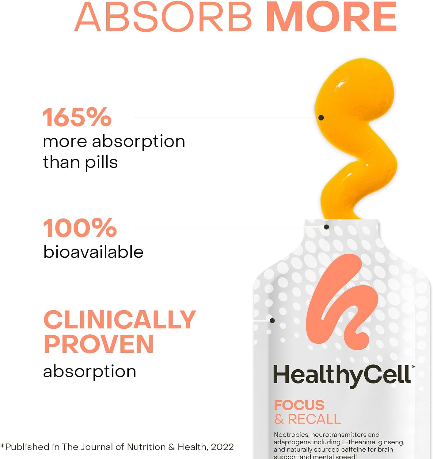 Healthycell Focus & Recall Daily Liquid Brain Supplement - 30 Gel Packs | Liquid nootropic gel packs with L-Theanine, Omega-3 & Taurine - Supports focus, memory, concentration & mental alertness