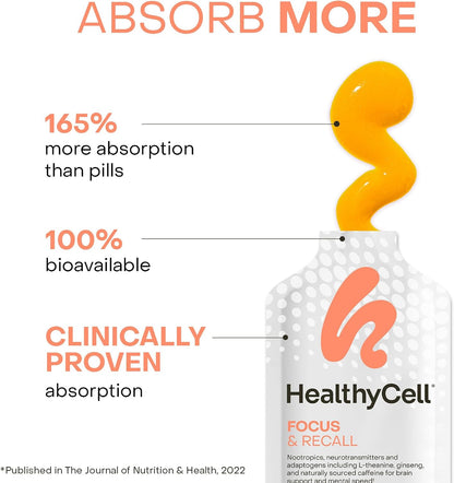 Healthycell Focus & Recall Daily Liquid Brain Supplement - 30 Gel Packs | Liquid nootropic gel packs with L-Theanine, Omega-3 & Taurine - Supports focus, memory, concentration & mental alertness