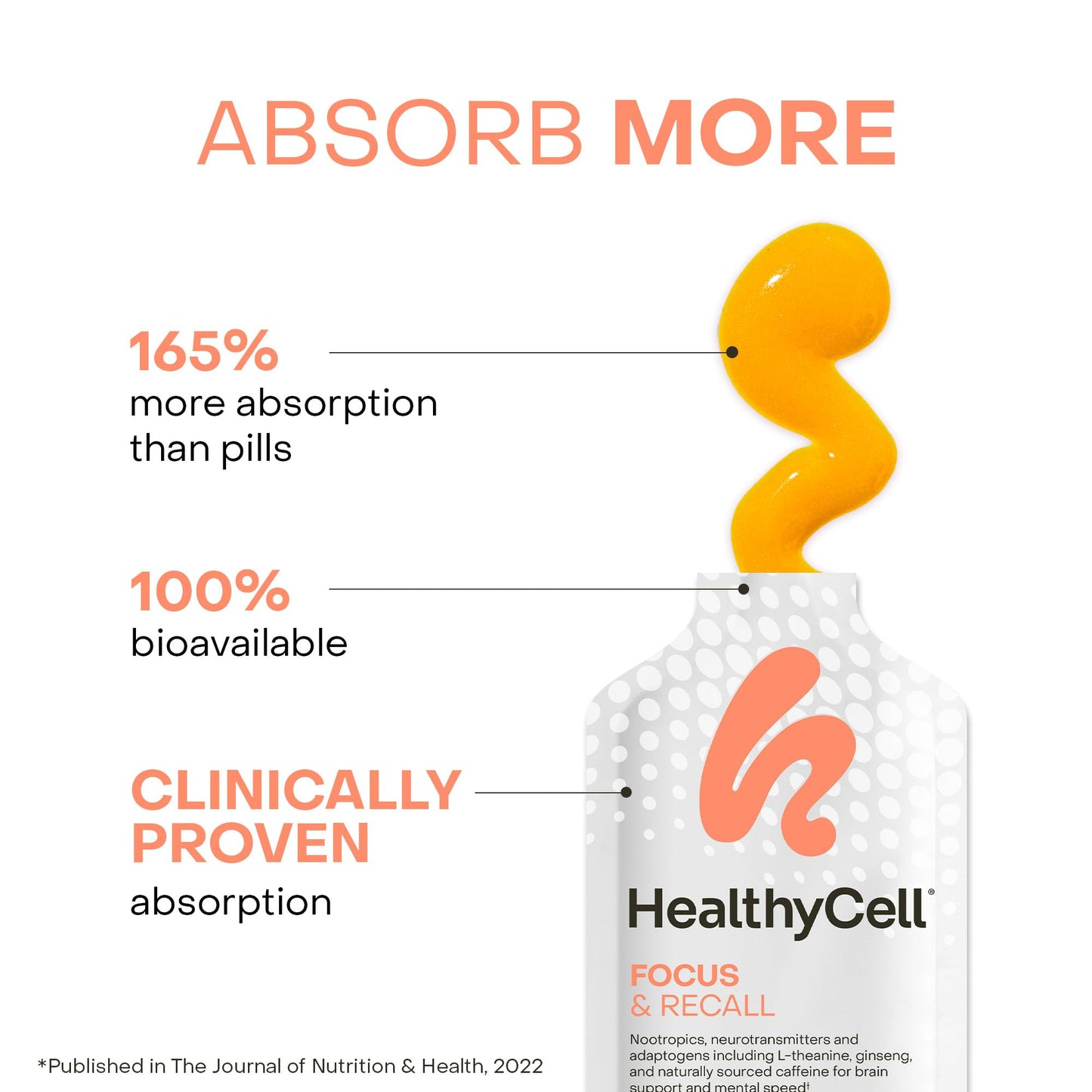 Healthycell Focus & Recall Daily Liquid Brain Supplement - 30 Gel Packs | Liquid nootropic gel packs with L-Theanine, Omega-3 & Taurine - Supports focus, memory, concentration & mental alertness