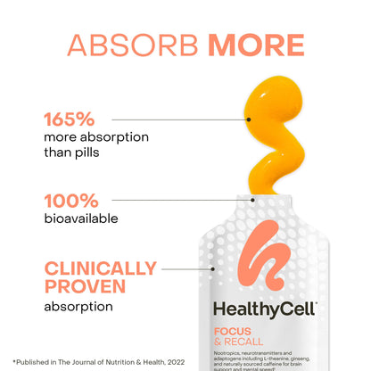 Healthycell Focus & Recall Daily Liquid Brain Supplement - 30 Gel Packs | Liquid nootropic gel packs with L-Theanine, Omega-3 & Taurine - Supports focus, memory, concentration & mental alertness