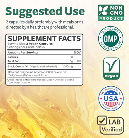 Black Seed Oil - 120 Softgel Capsules Skin Health (Non-GMO & Vegan) Cold-Pressed Nigella Sativa Producing Pure Black Cumin Seed Oil with Vitamin E - 500mg Each, 1000mg Per 2 Capsule Serving