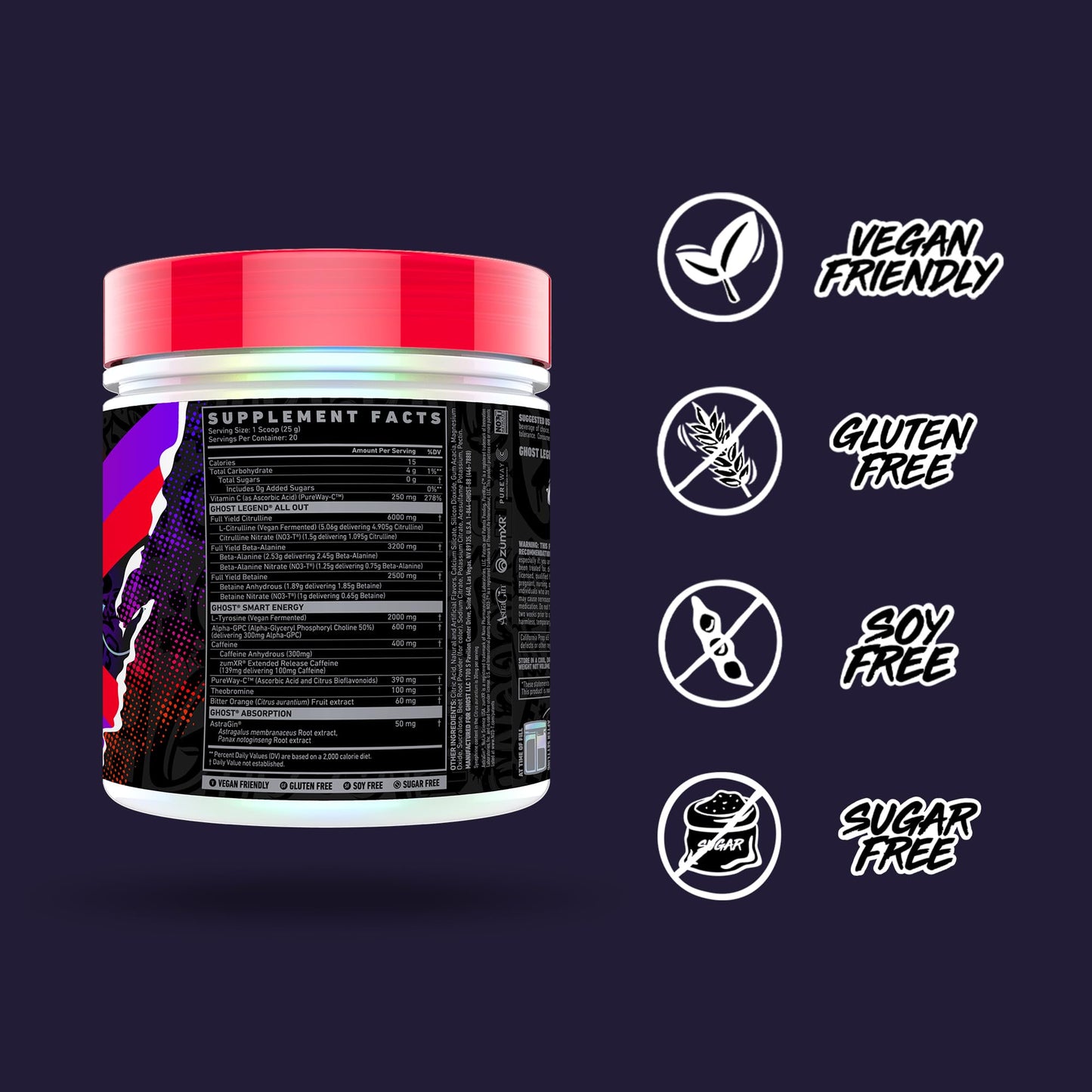 GHOST Legend All Out Pre-Workout Powder, Strawbango - 20 Servings - Preworkout Drink Mix Supplement for Men & Women - Energy & Pumps - Caffeine, Beta Alanine, Betaine, NO3-T- Sugar Free