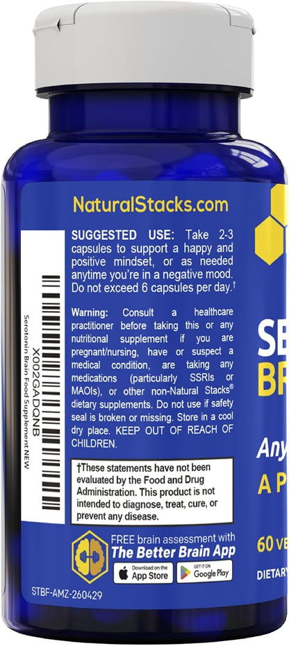 Serotonin Brain Food, Mood Support w/ Tryptophan & Rhodiola Rosea, 60 Count | 1250mg L-Tryptophan Stress Relief Supplement w/ Magnesium Glycinate & Zinc - Neurotransmitter Support - Natural Stacks