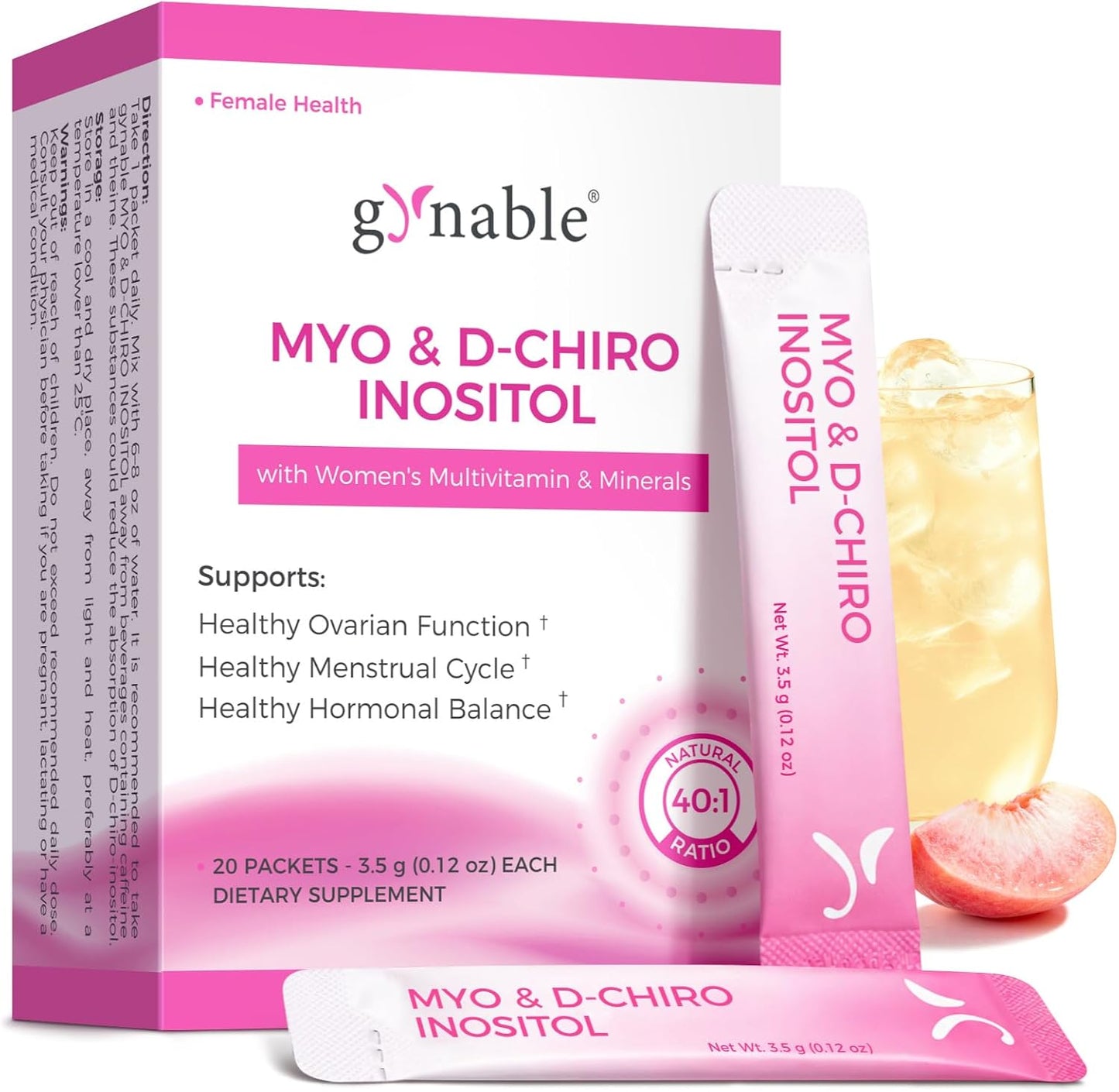 Gynable Myo-Inositol & D-Chiro Inositol Supplement for Women - 40:1 Ratio, Peach Powder Drink Mix Stick Packets, Support Healthy Cycles, Hormonal Balance & Ovarian Health, 20 Servings