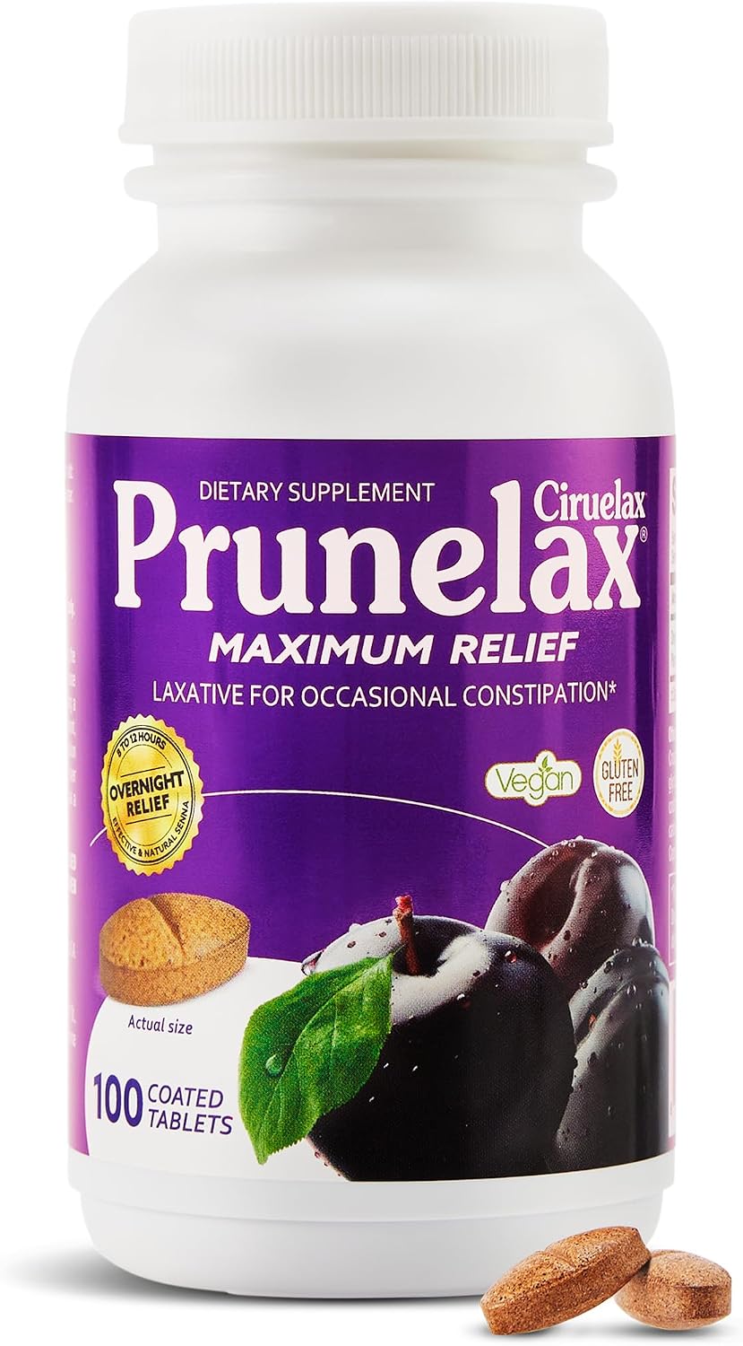 Prunelax Ciruelax Maximum Relief Laxative Tablets with Natural Senna for Occasional Constipation, Senna Extract, Vegan & Gluten-Free, Gentle Overnight Relief - 100ct