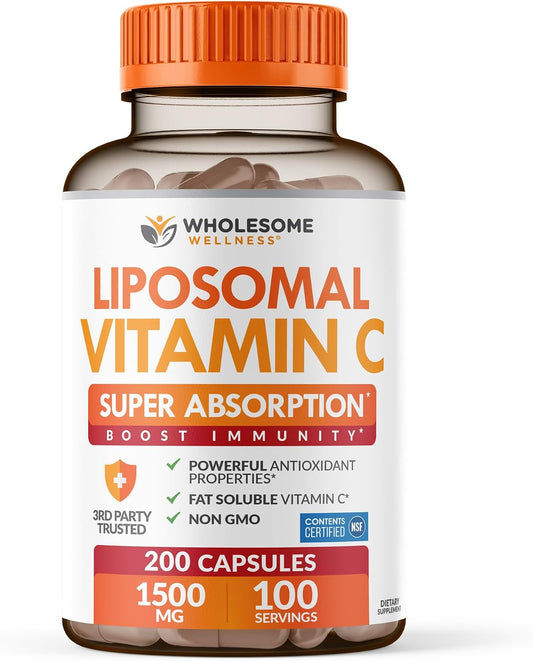 Wholesome Wellness Liposomal Vitamin C Capsules (200 Pills 1500mg Buffered) High Absorption, Immune System & Collagen Booster, High Dose Fat Soluble Immunity Support Ascorbic Acid, Natural Vegan