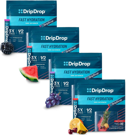 DripDrop Hydration Variety Value Bundle Electrolyte Packets, 128 Count | Watermelon, Berry, Fruit Punch, Grape; 3X Electrolytes, Vitamin C, Magnesium, Zinc; Single Serve Powder Drink Mix; Daily Use