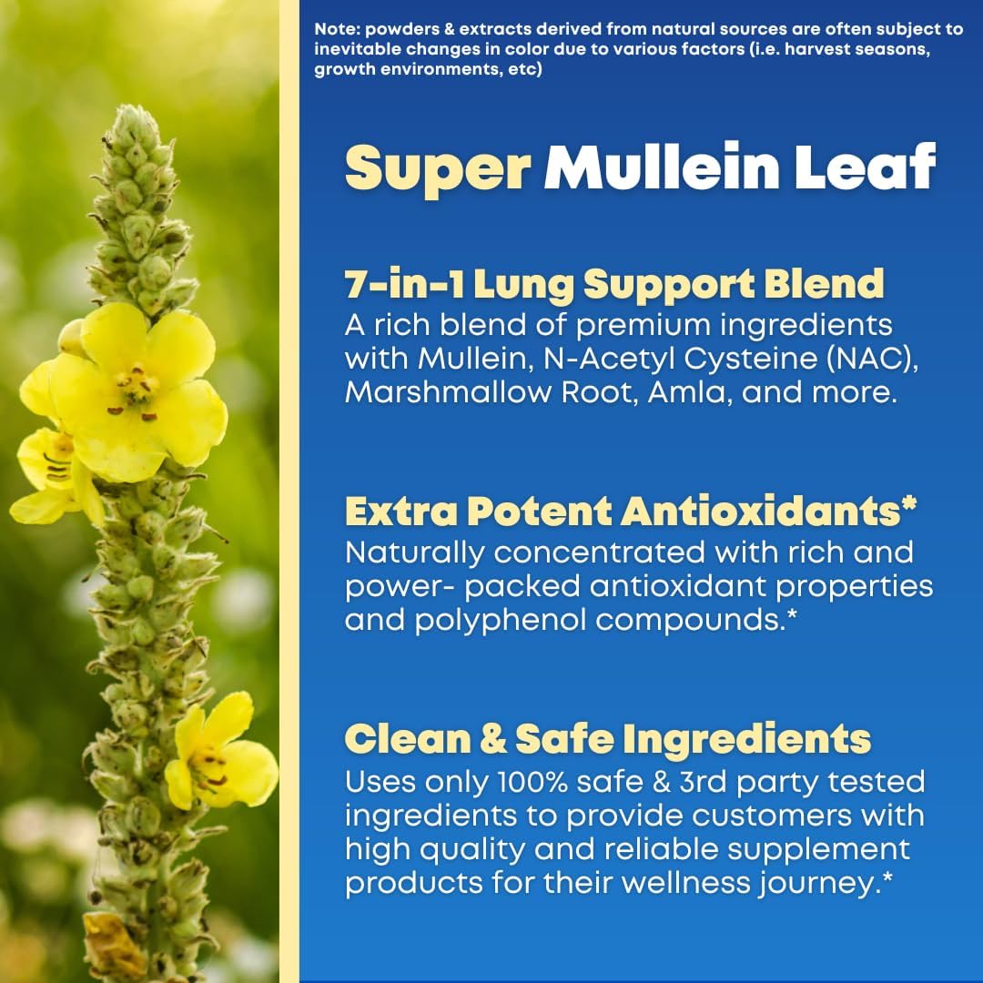 Mullein Leaf Extract & NAC Lung Detox Cleanse- N-Acetyl Cysteine, Marshmallow Root, Bromelain - Lung Health, Sinus, Mucus Removal Support Supplement for Smokers - 90 Capsules, Non-GMO, Gluten-Free