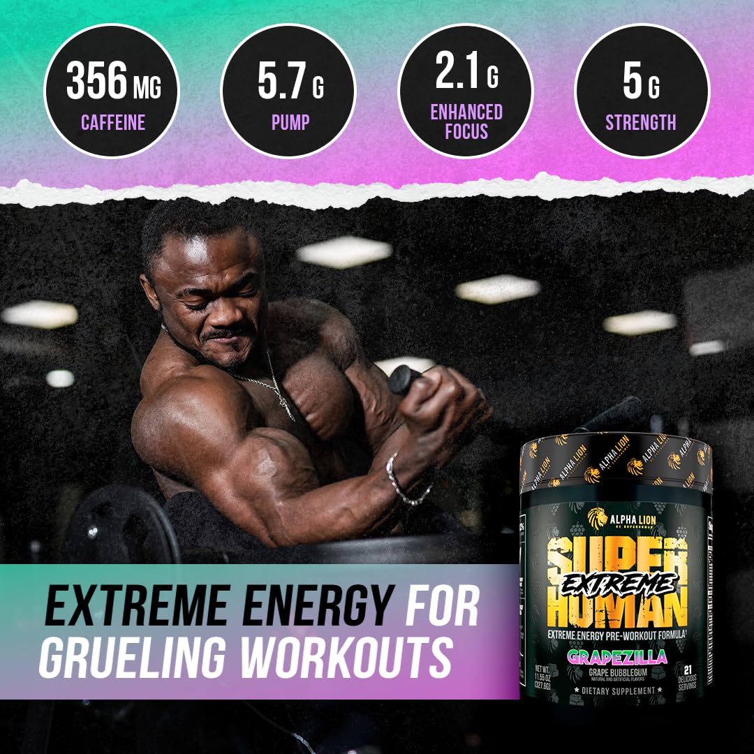 ALPHA LION Superhuman Extreme High Stim Pre Workout Powder, Beta Alanine, L-Taurine & 356mg Tri-Source Caffeine for Sustained Energy, Nitric Oxide & Citrulline for Pump (21 Servings, Slaughtermelon)