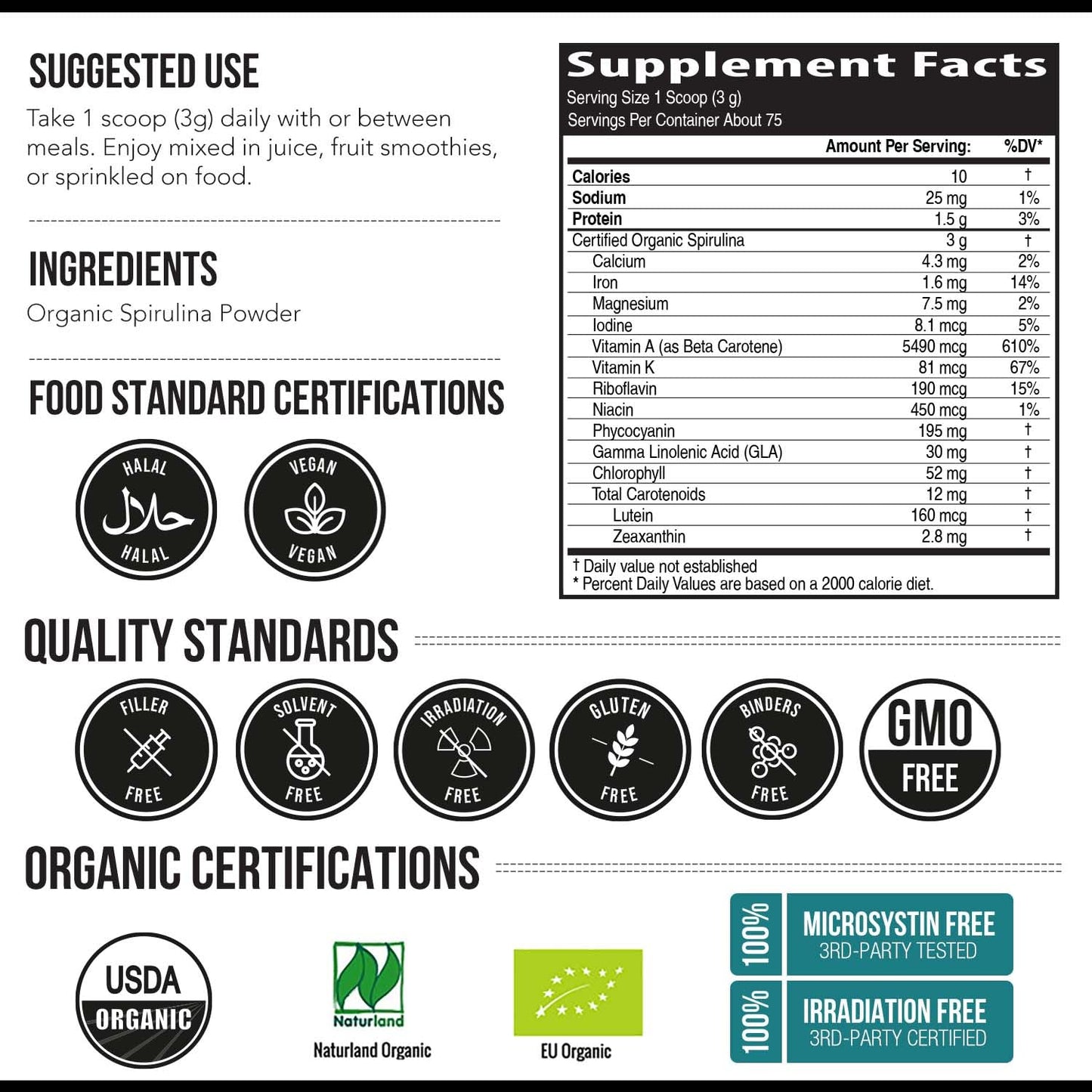 Organic Spirulina Tablets (360 Tablets) - Made with Parry® Spirulina, The Best Spirulina in the World, Highest Nutrient Density - Non-Irradiated, 3 Organic Certifications (90 Servings)
