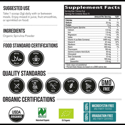 Organic Spirulina Tablets (360 Tablets) - Made with Parry® Spirulina, The Best Spirulina in the World, Highest Nutrient Density - Non-Irradiated, 3 Organic Certifications (90 Servings)