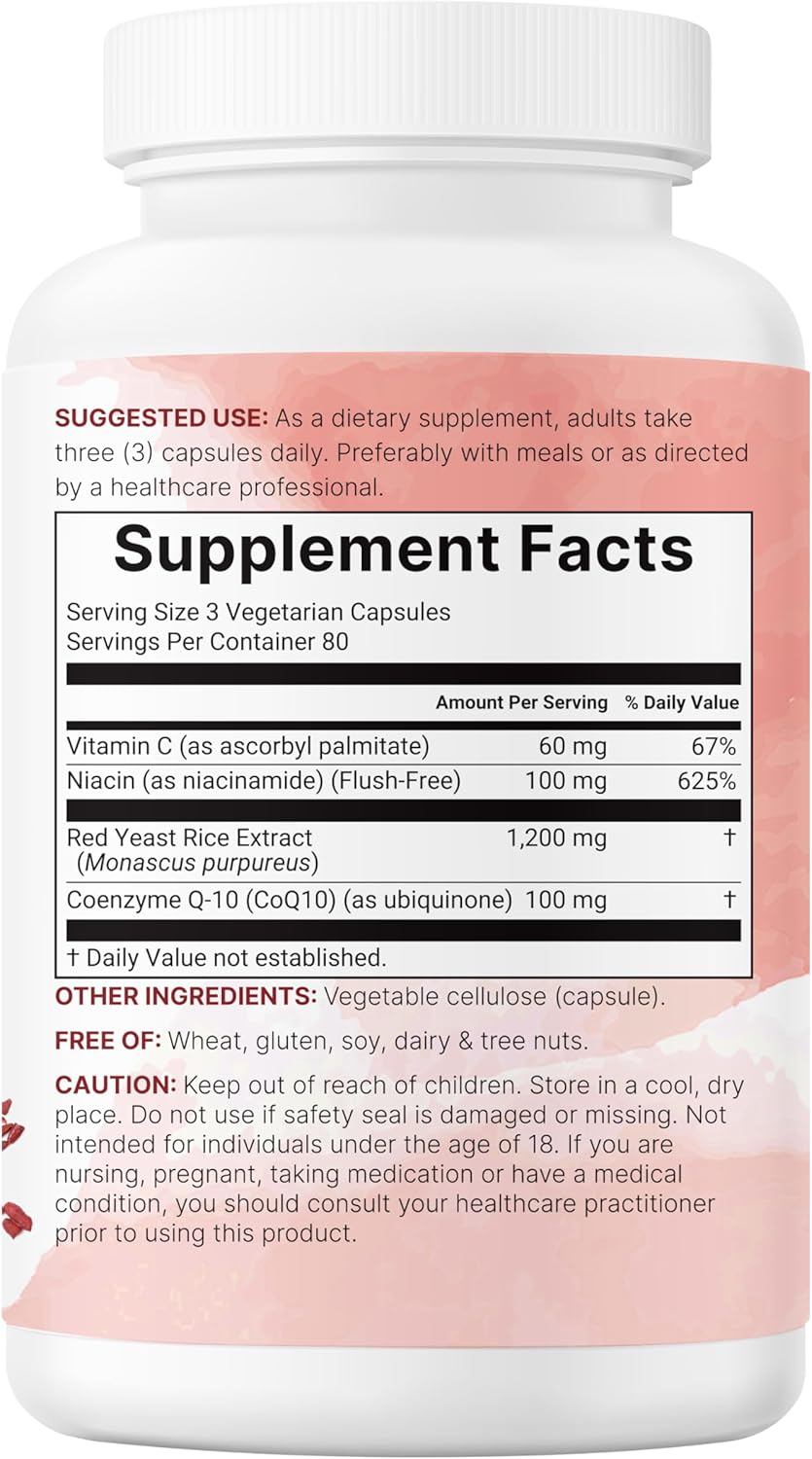 Micro Ingredients Red Yeast Rice with CoQ10 1200mg, 240 Veggie Capsules | Cholesterol Support & Heart Health Supplements* | 4-in-1 with Flush Free Niacin & Fat Soluble Vitamin C | Filler Free, Non-GMO
