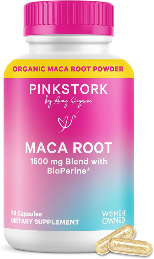 Pink Stork Organic Maca Root Capsules for Women, 1500 mg, 60 Count | With BioPeirne, Hormonal Balance, Menstrual Health, Energy, + Vitality Support, Perimenopause Comfort