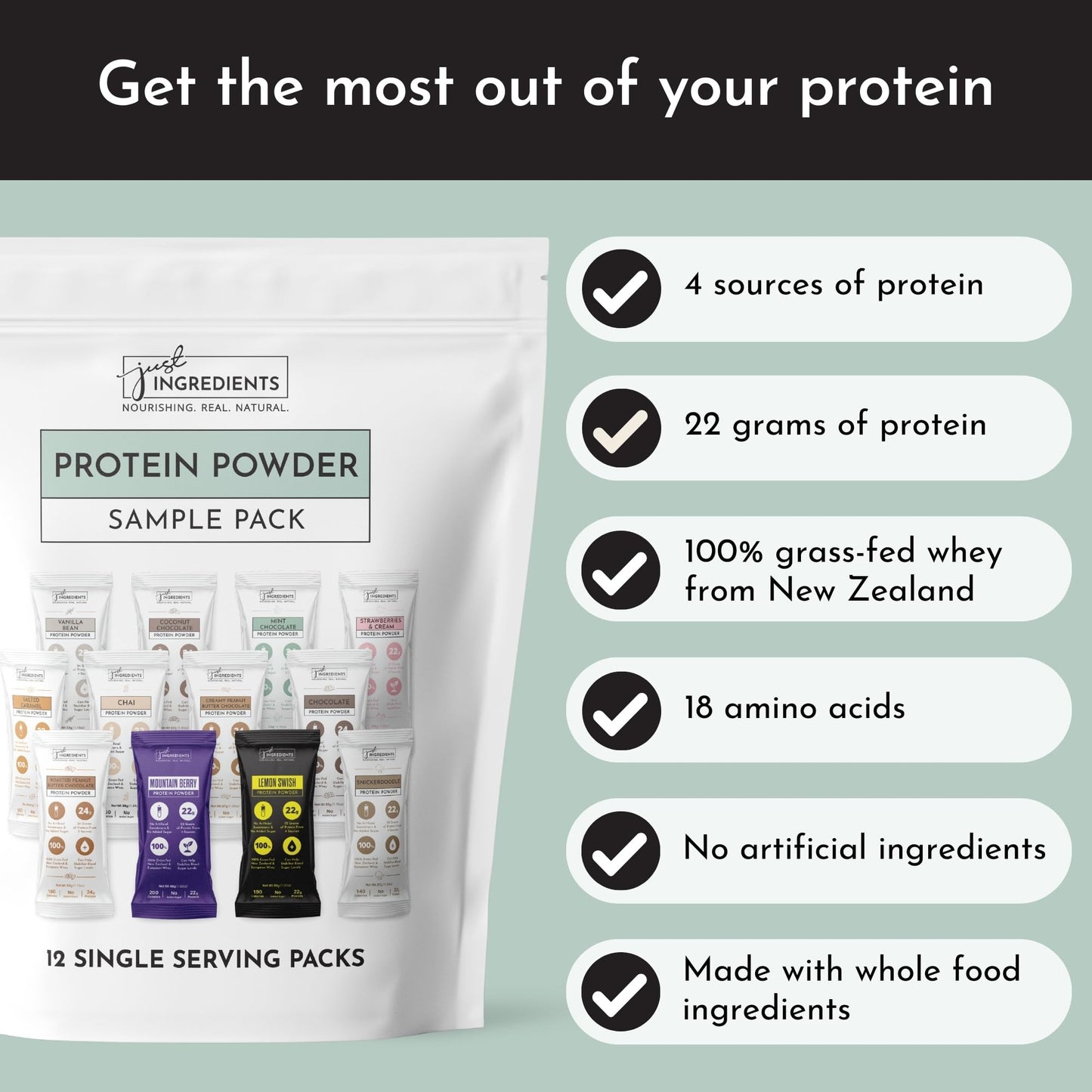 JUST INGREDIENTS Vanilla Bean Protein Powder – 20-Serving Blend with 100% Grass-Fed Whey & Organic Plant Proteins – Real Vanilla Bean & Cinnamon – Supports Muscle Recovery, Energy*