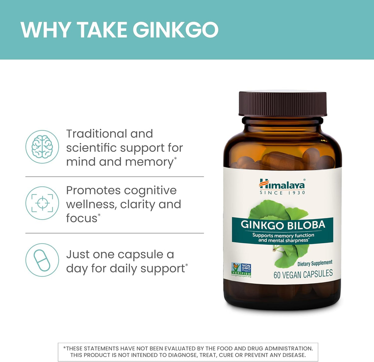 Himalaya Ginkgo Biloba Capsules, 120mg, Ginkgo Biloba Supplements for Brain Memory and Focus Support, Ginkgo Biloba Extract - Vegan, Gluten Free, 60 Capsules