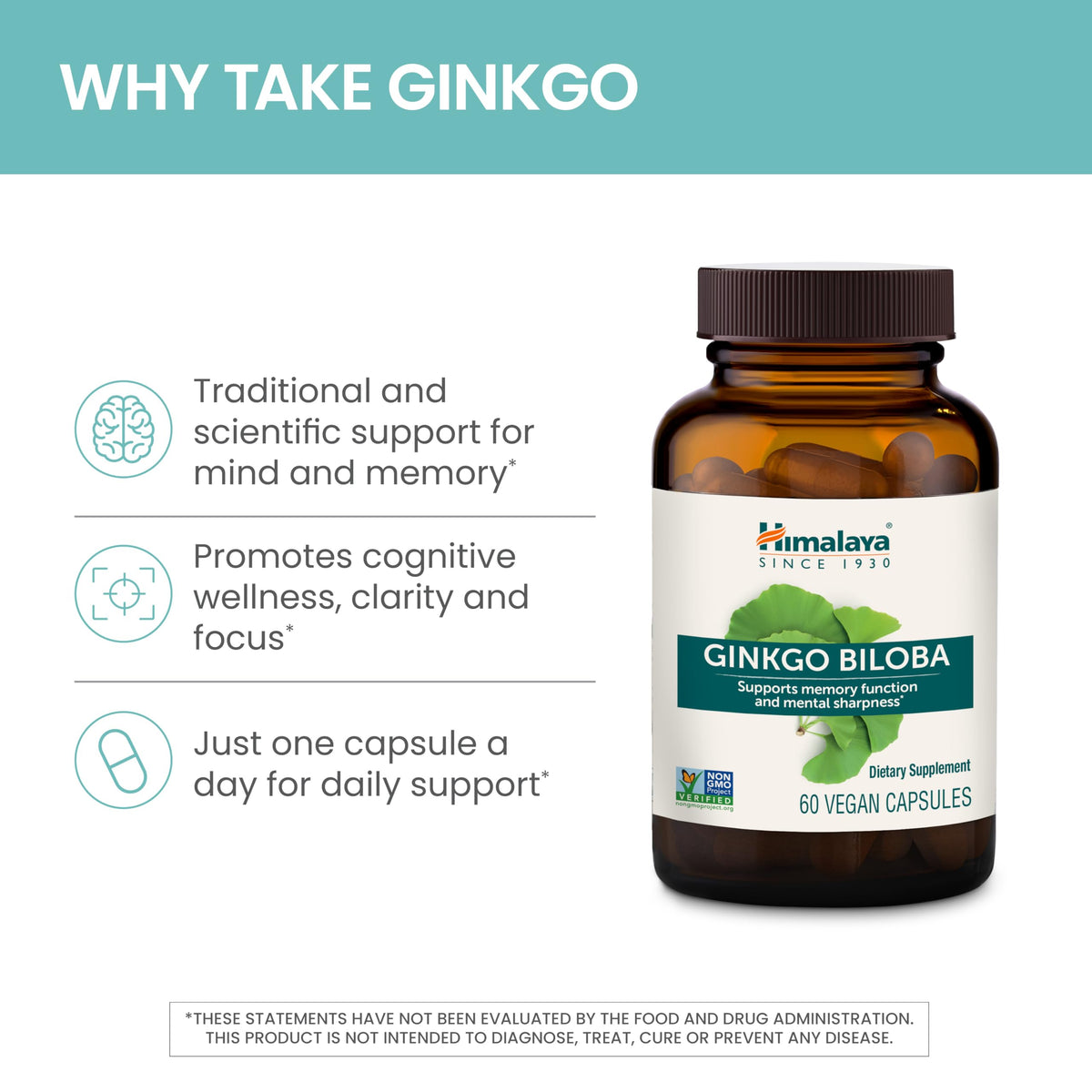 Himalaya Ginkgo Biloba Capsules, 120mg, Ginkgo Biloba Supplements for Brain Memory and Focus Support, Ginkgo Biloba Extract - Vegan, Gluten Free, 60 Capsules