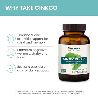 Himalaya Ginkgo Biloba Capsules, 120mg, Ginkgo Biloba Supplements for Brain Memory and Focus Support, Ginkgo Biloba Extract - Vegan, Gluten Free, 60 Capsules