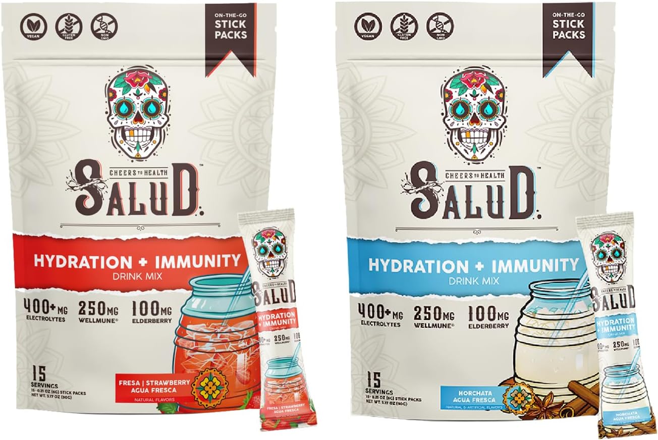 Salud 2-Pack | 2-in-1 Hydration + Immunity (Strawberry) & Hydration + Immunity (Horchata) – 15 Servings Each, Agua Fresca Drink Mix, Non-GMO, Gluten Free, Vegan, Low Calorie, 1g of Sugar