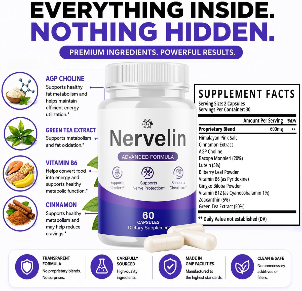 Nervelin Capsules, All Natural Nerve Supplement Pills 1-Pack, 60 Capsules