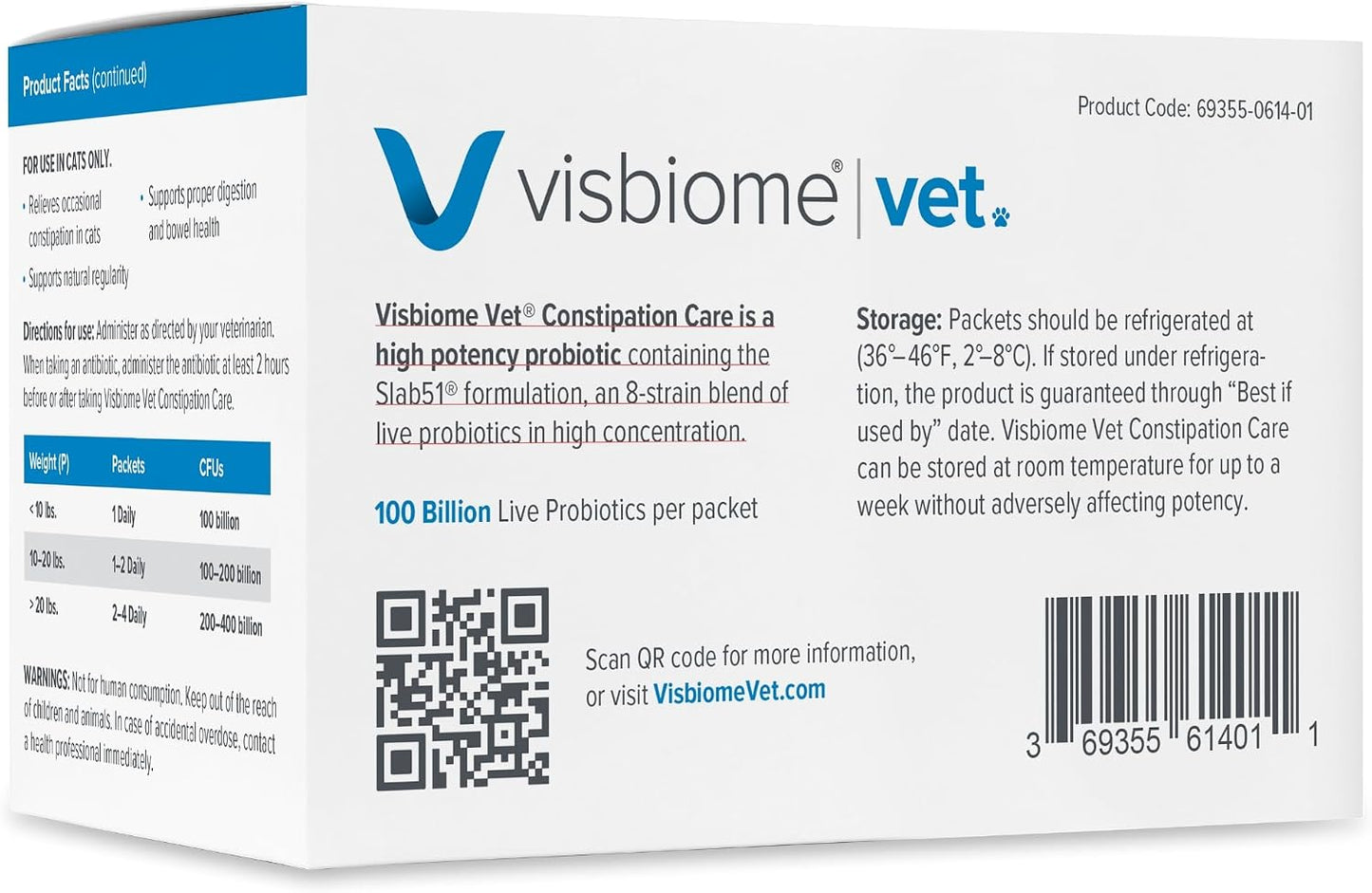 Visbiome® Vet Constipation Care Probiotic for Cats, 100B CFU, 30 Packets | Veterinarian Recommended, Slab51® Formulation, Multi-Strain, Refrigerated Probiotics, Weight-Based Dosing
