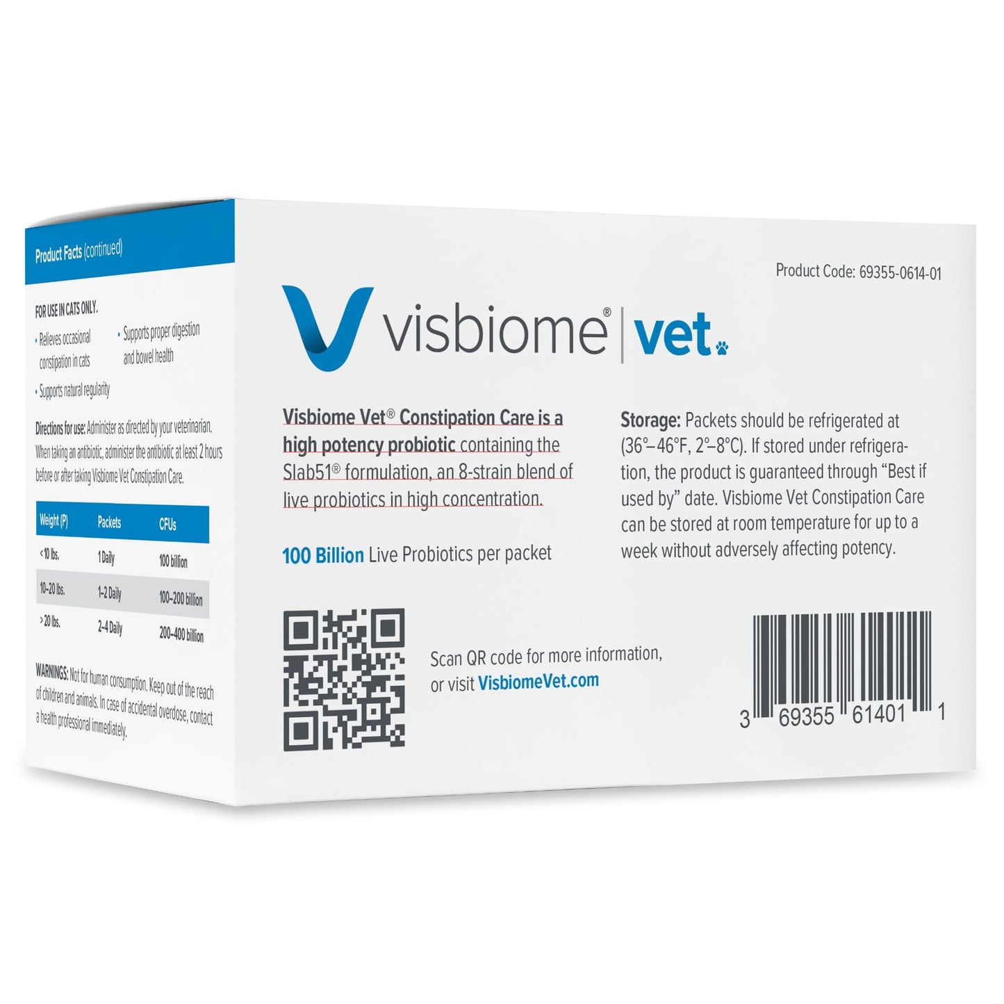 Visbiome® Vet Constipation Care Probiotic for Cats, 100B CFU, 30 Packets | Veterinarian Recommended, Slab51® Formulation, Multi-Strain, Refrigerated Probiotics, Weight-Based Dosing