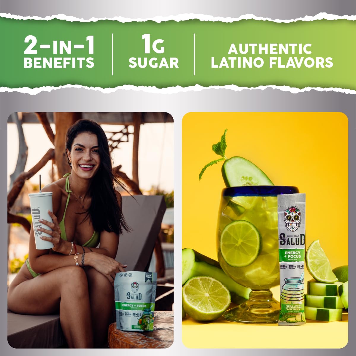Salud 2-Pack |2-in-1 Energy + Focus (Cucumber Lime) & Hydration + Immunity (Hibiscus) – 15 Servings Each, Agua Fresca Drink Mix, Non-GMO, Gluten Free, Vegan, Low Calorie, 1g of Sugar