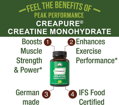 Creapure Creatine Monohydrate 180 Capsules - Ultra High Purity German Made Creatine with Nothing Added at All - Pure Unflavored Pills for Men & Women - No Sugar, Non-GMO, Vegan Friendly Supplement