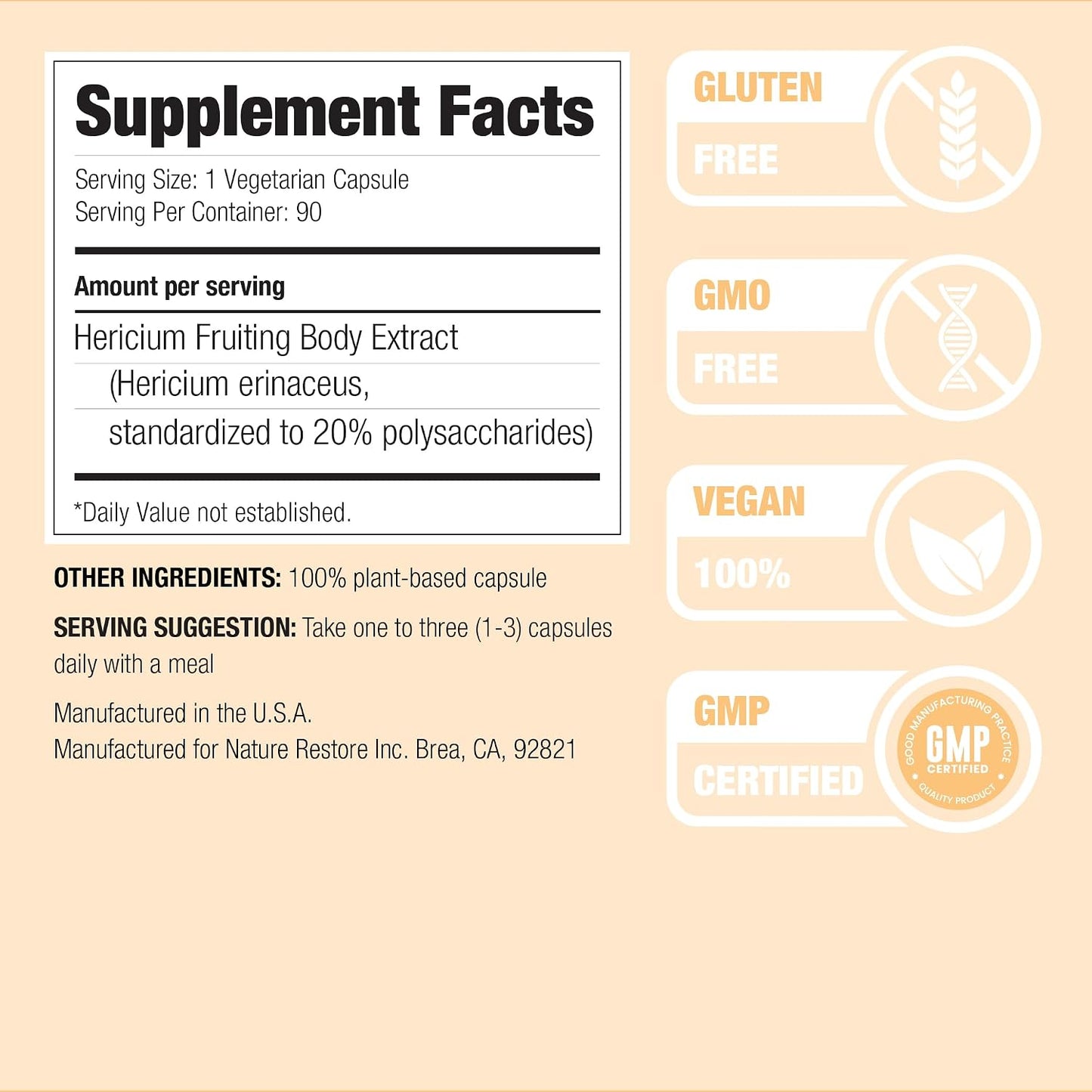 Nature Restore Hericium Erinaceus Lion’s Mane Mushroom Extract Capsules. Standardized High Polysaccharides for Brain Fog, Memory & Focus Support. Bioavailable Fruiting Body Nootropic, 90 Capsules