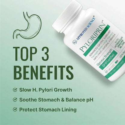 Approved Science Pyloriprin - Advanced Digestive Support for A Healthy Stomach - Zinc L-Carnosine, Probiotic, Broccoli Sprout, Deglycyrrhized Licorice - 60 Capsules - One Month Supply - Vegan
