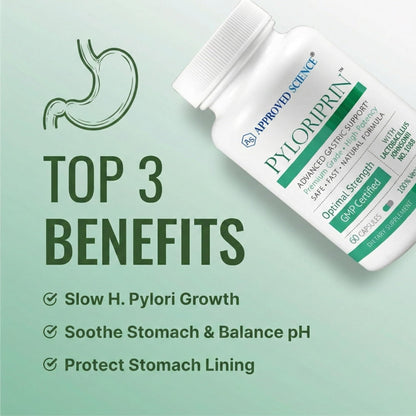 Approved Science Pyloriprin - Advanced Digestive Support for A Healthy Stomach - Zinc L-Carnosine, Probiotic, Broccoli Sprout, Deglycyrrhized Licorice - 60 Capsules - One Month Supply - Vegan