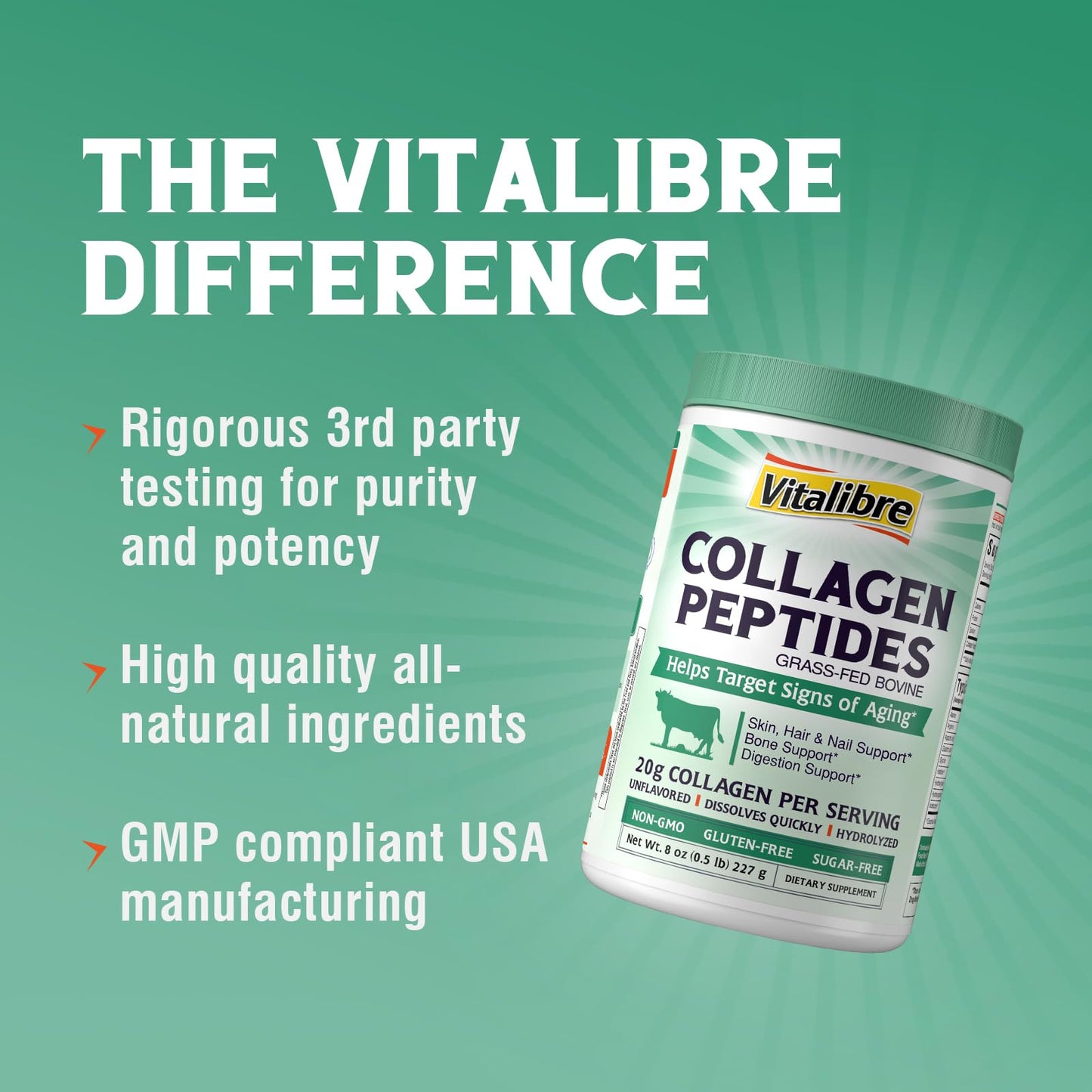 Vitalibre Bovine Collagen Peptides Powder for Women and Men, Grass-Fed Hydrolyzed Collagen Protein Type I & III, Skin, Hair, Nails, Bones, Digestion, Unflavored, Non-GMO, Keto & GF, 22 Servings, 16oz