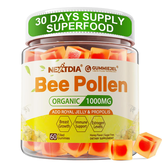 Nextdia Bee Pollen Organic 1000mg, w/Propolis, Royal Jelly, Sugar Free Bee Pollen Gummies Rich in B-Vitamin, Antioxidants, Amino Acids, Bee Pollen Supplement for Energy, Skin & Immune (1 Pack)