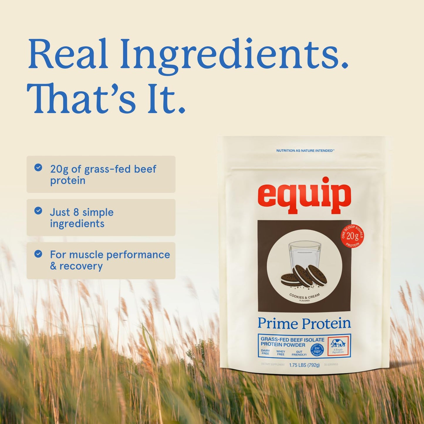 Equip Prime Chocolate Protein Powder - Gut-Friendly, No Sugar Protein Shake Powder with Grass-Fed Beef & Natural Collagen - Rich & Creamy Mix - 21g Per Serving - Whey & Dairy-Free (30 Scoops)