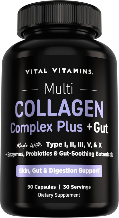 Vital Vitamins Multi Collagen Complex Plus + Gut, Probiotics & Enzymes | 5 Collagen Types I, II, III, V & X with Digestive Enzyme Blend, 3 Billion CFU Probiotic & Gut Botanicals, 90 Capsules